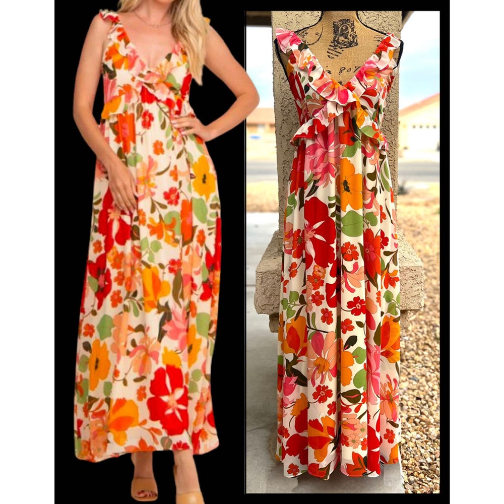 Pinkblush Red Floral Ruffle Accent Maxi Dress Size L